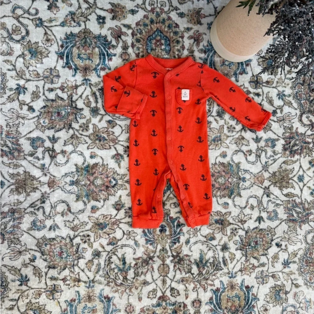 Y2K Carter’s Newborn Nautical Anchor Print Button Snap Romper One Piece Footless